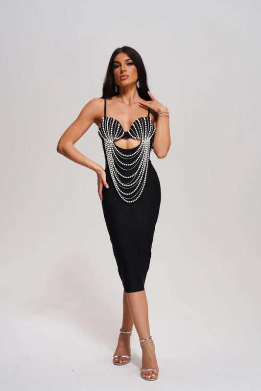 2025 New Fashion Women Sexy Strap Crystal Pearl Beading Sleeveless Hollow Out Backless Bandage Party Bodycon Midi Dress