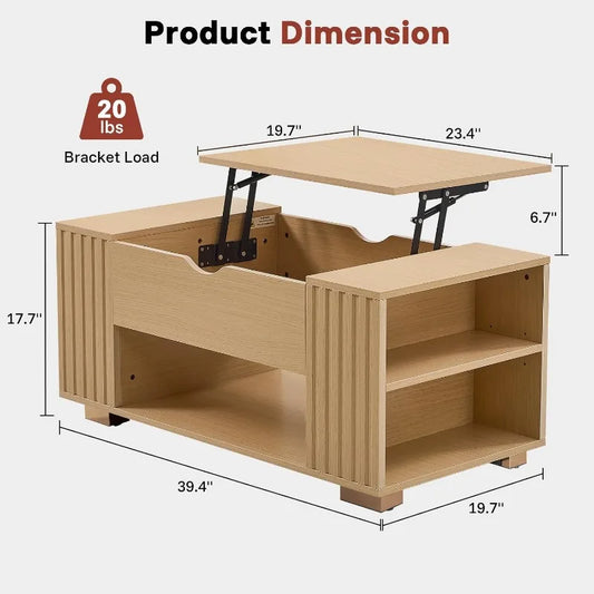 Coffee Table with Lifting Top - Fluted Square Center Table with Hidden Storage - Mid Century Modern Lift Tabletop for Hom