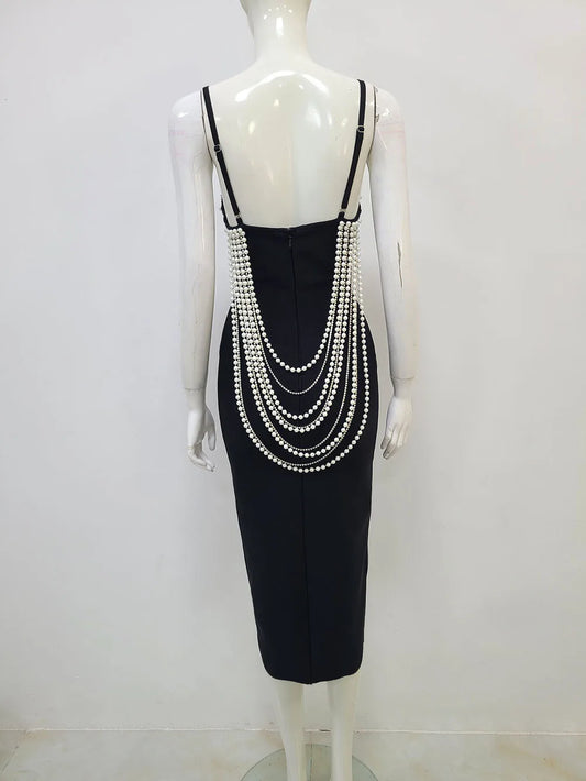 2025 New Fashion Women Sexy Strap Crystal Pearl Beading Sleeveless Hollow Out Backless Bandage Party Bodycon Midi Dress
